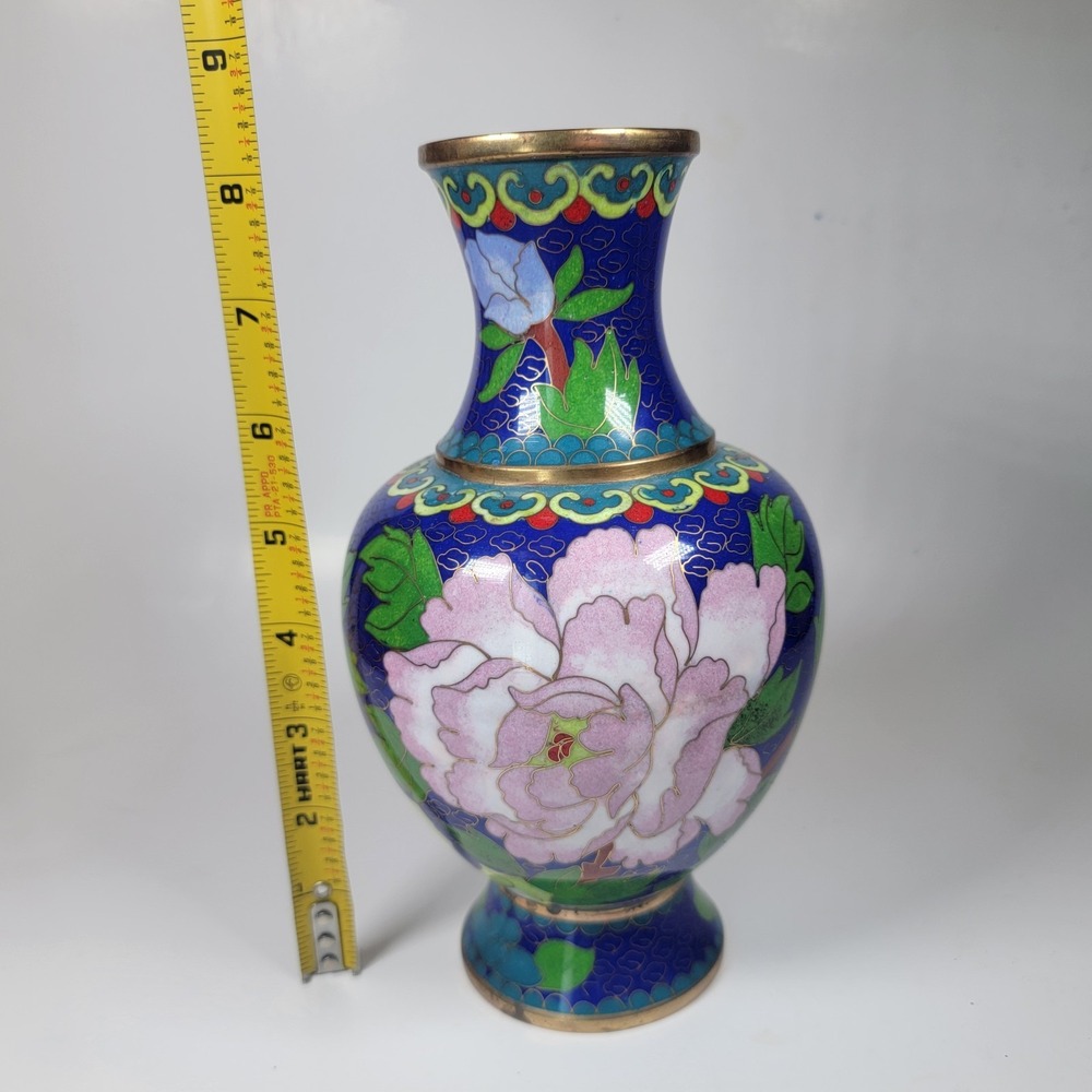 Vintage Antique Chinese Cloisonne Enamel on Brass Blue Vase‎ Flower - Picture 7 of 10